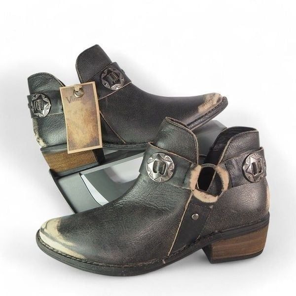 Vintage 7 La Cienega Western Leather Ankle Booties Distressed Black Women's 8.5