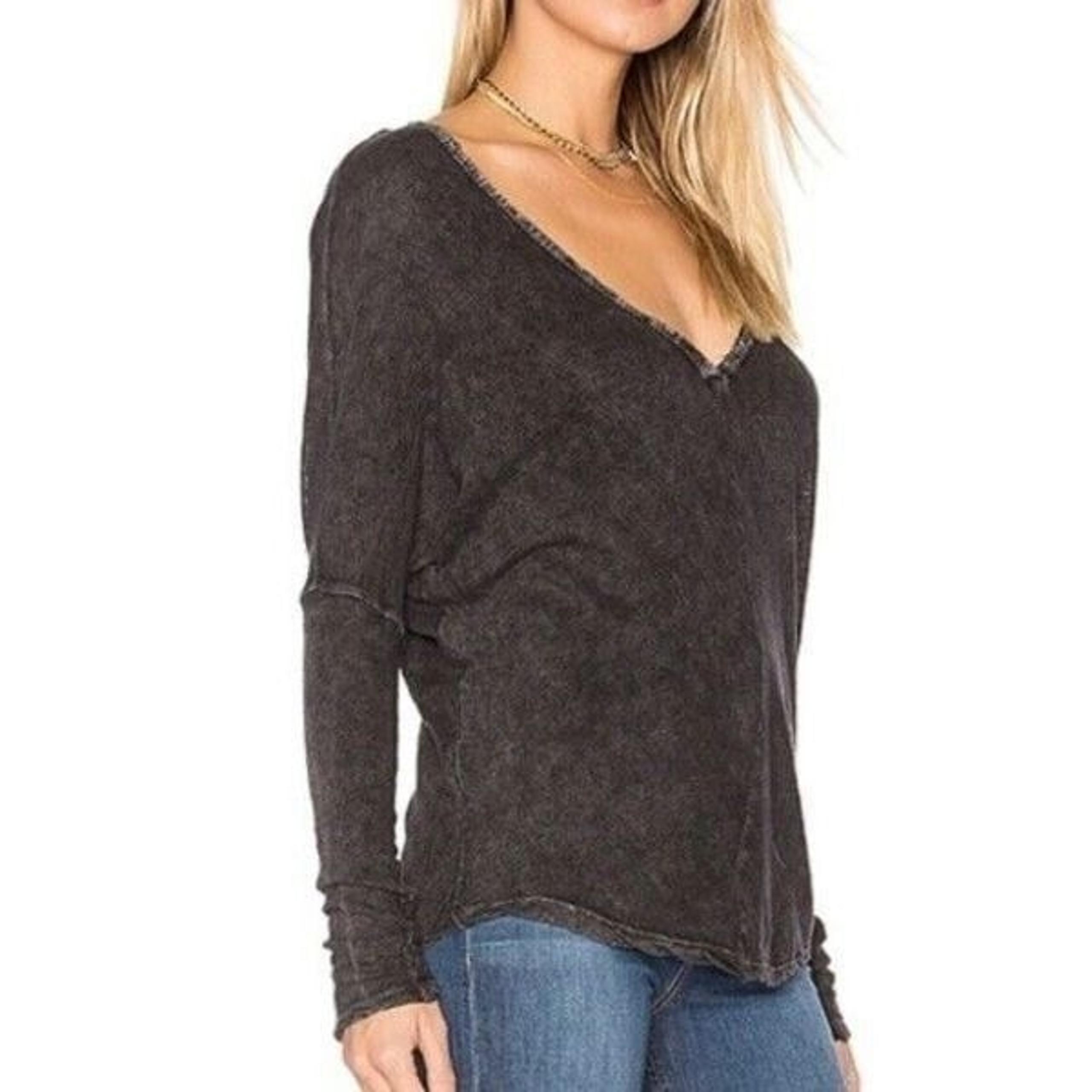 We The Free People Gray Linen Cotton Henley Top Long Sleeve button Distressed S