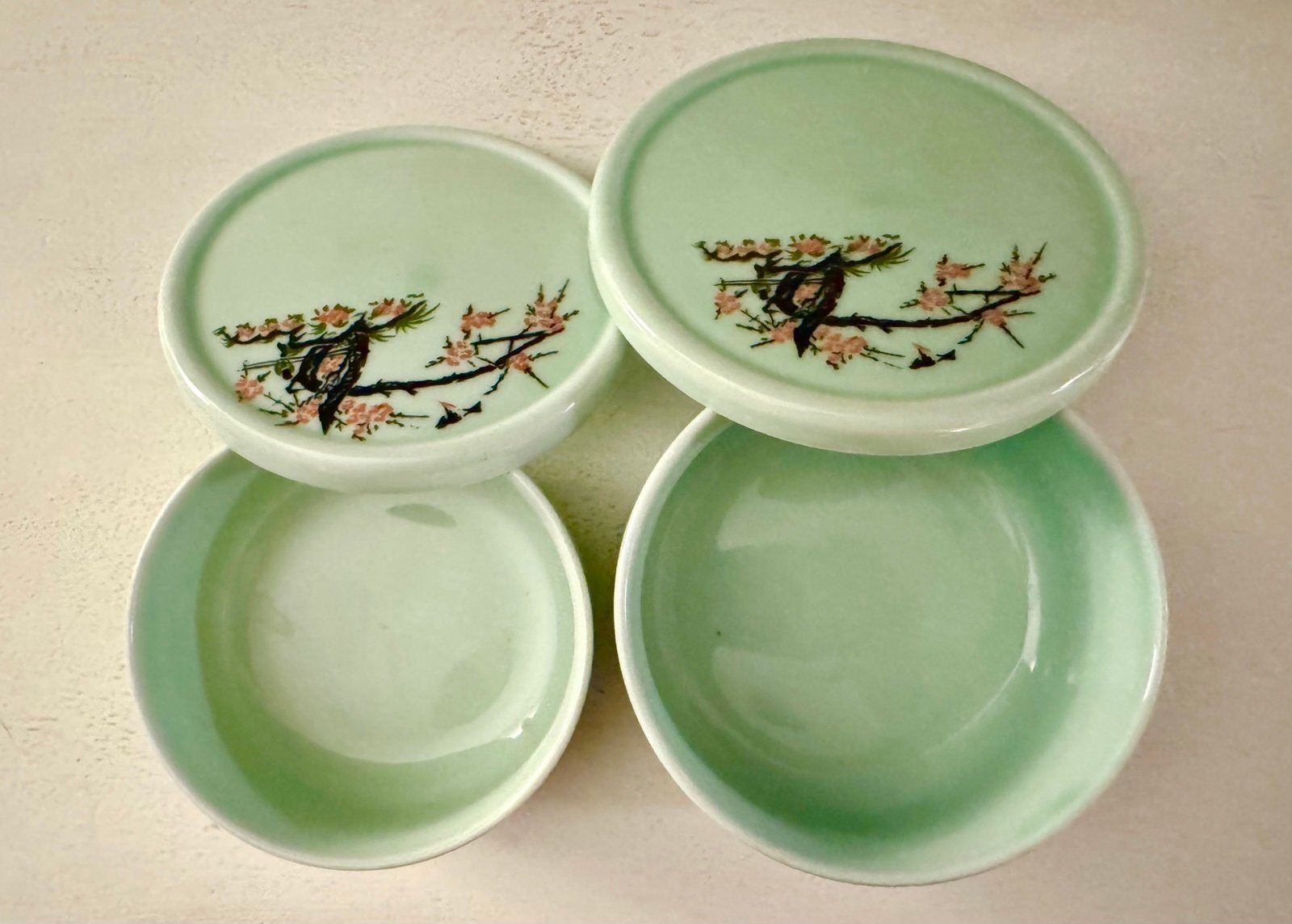 Set of 2 Vintage Asian Celedon Glazed Lidded Trinket Boxes Hand Painted