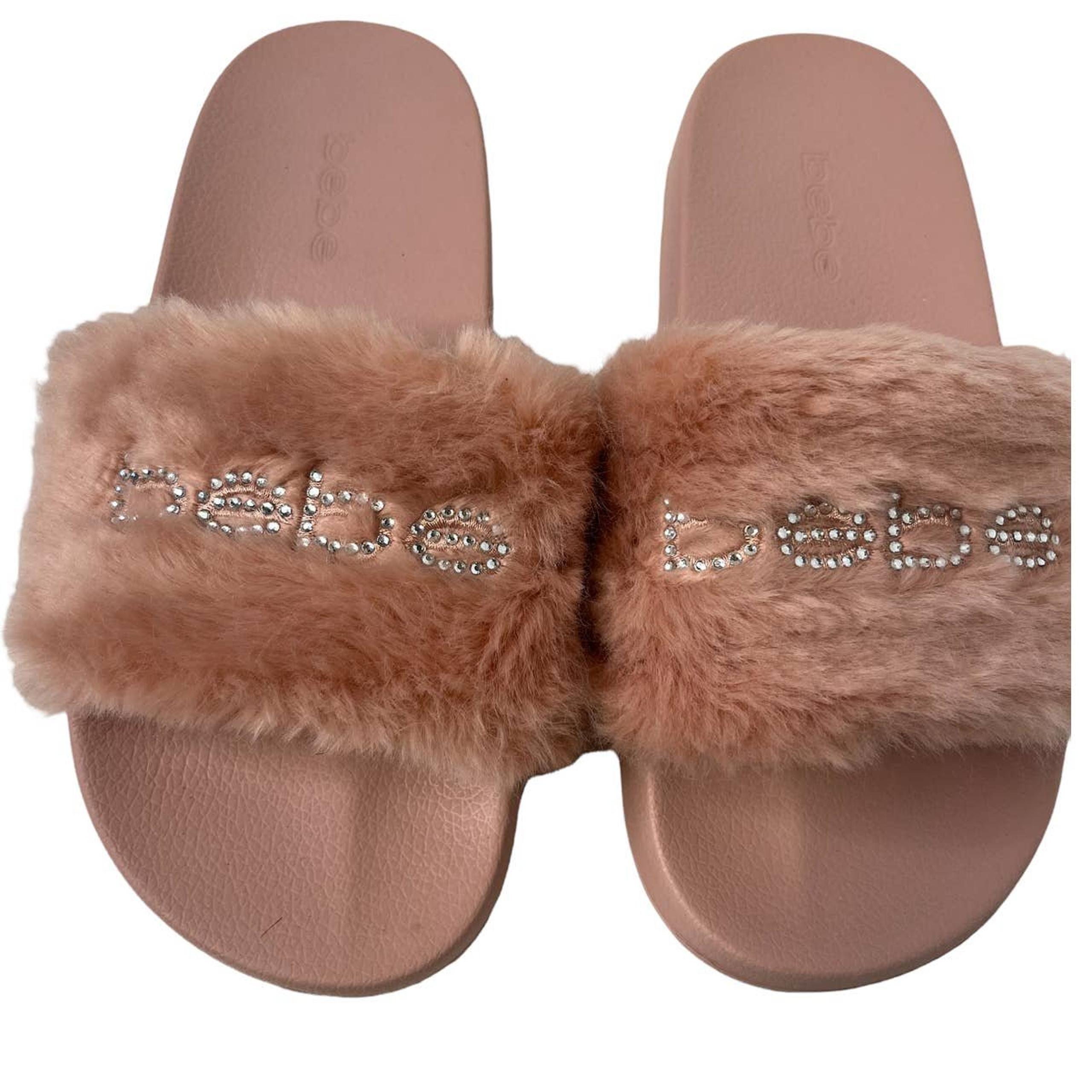 Bebe Furioso Pink Fur Rhinestone Slippers Slides Sandals