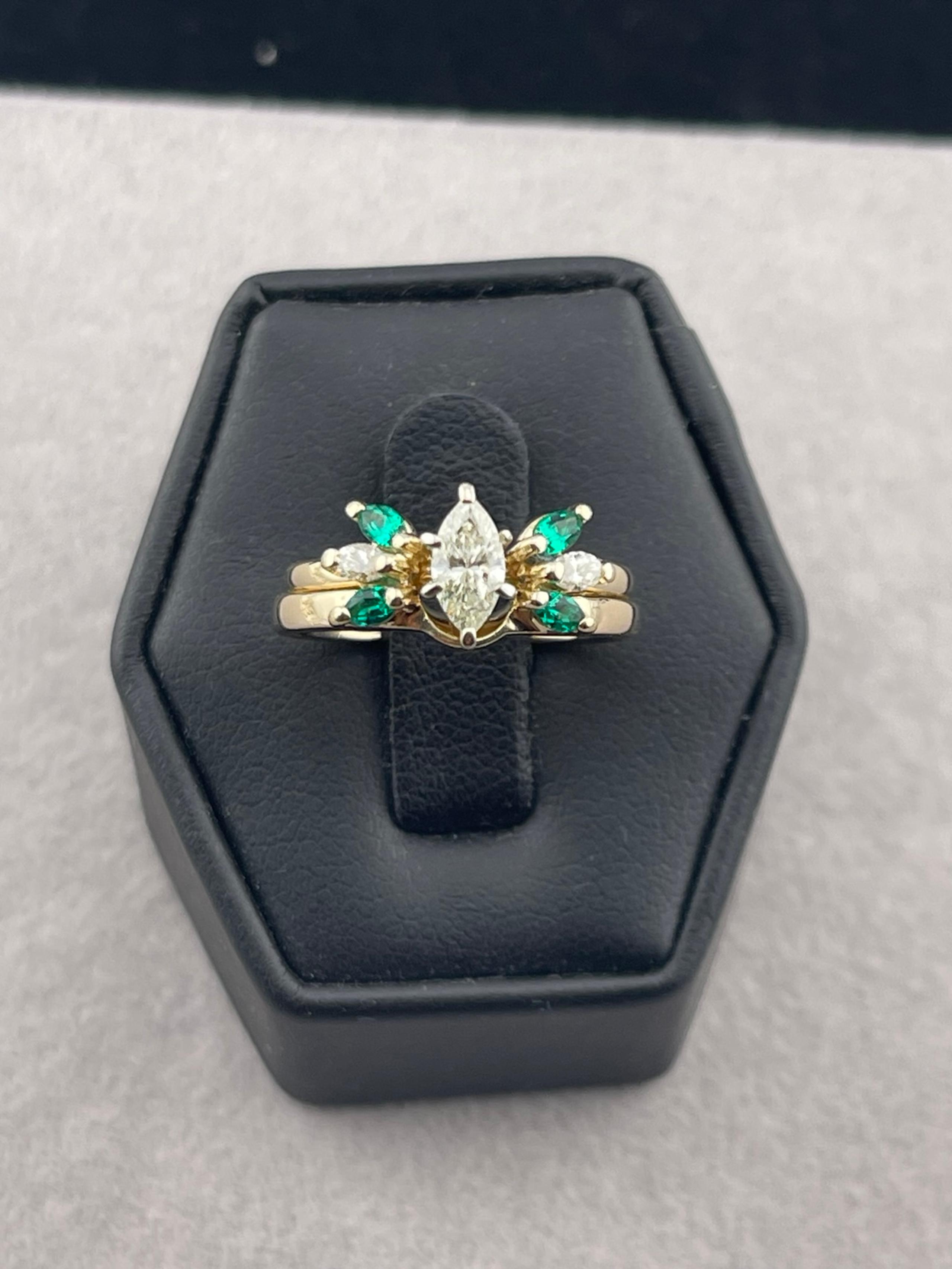 Vintage 3/4 carat tdw and 1/2 carat emerald diamond wedding set 14kt yellow gold