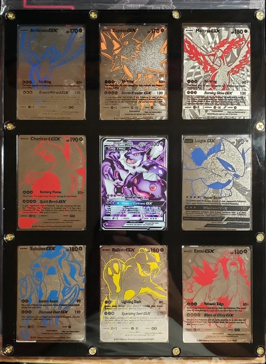 9 Ultra Rare Pokemon Cards Silver Metal Custom Cards in Screw Down Display Case