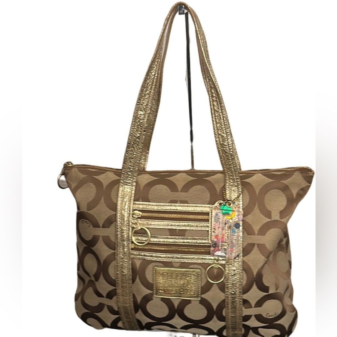 COACH Signature C Khaki Gold Leather Poppy Glam Shoulder Tote Bag 13826