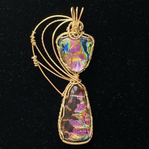 Wrapped Dichroic Glass Cabochons Pendant Purple Blue Green Gold Filled Wire 3”