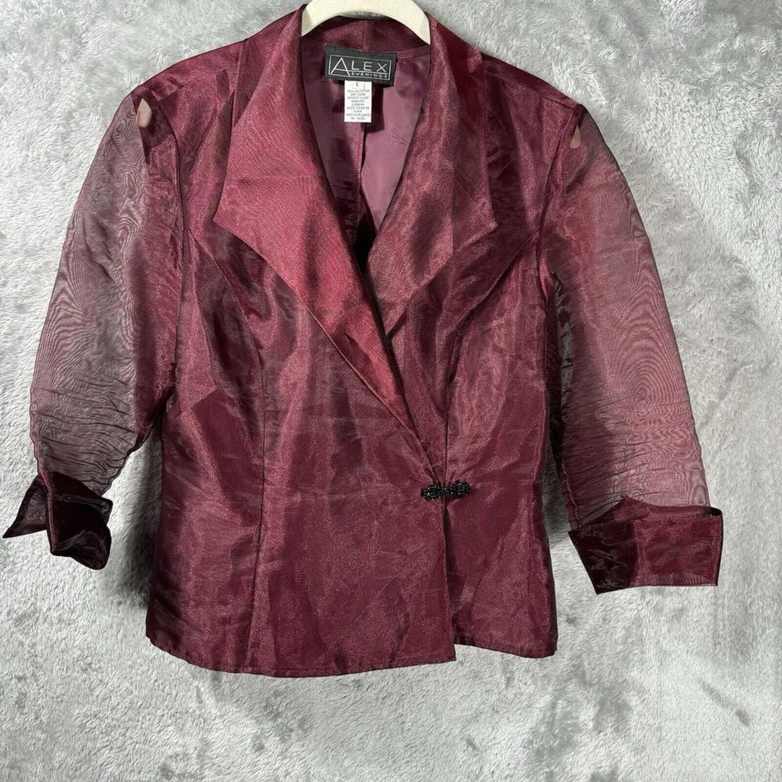 Alex Evenings Jacket Womens L Burgundy Rhinestone Sheer Rhinestone Cape Formal