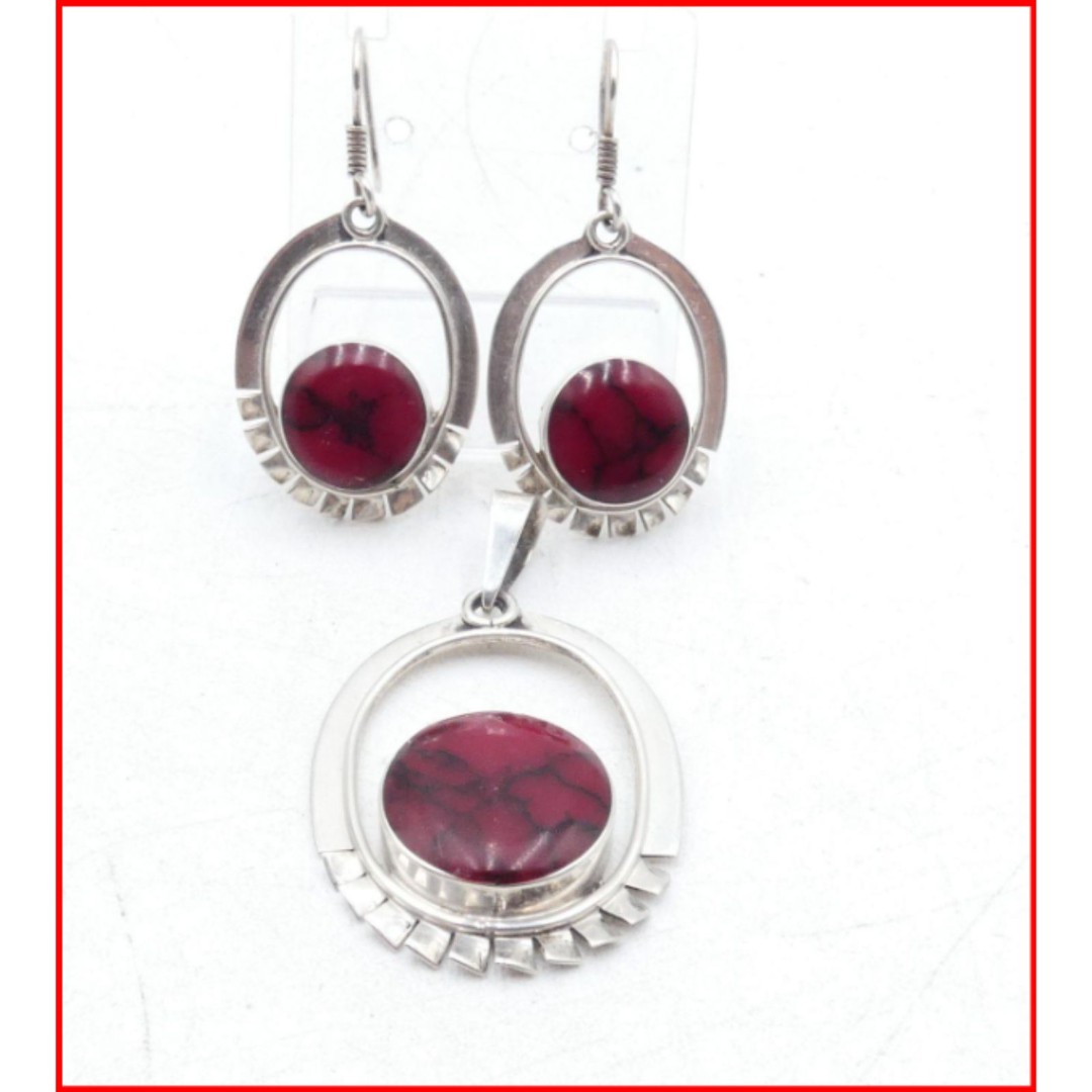 Southwestern Mexico Sterling Red Jasper Hook Dangle Earrings and Pendant Set