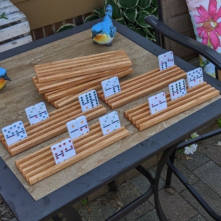 Set of FOUR Oak Wood Domino Holders with 4 Angled Domino Slots, Wooden Game Rack