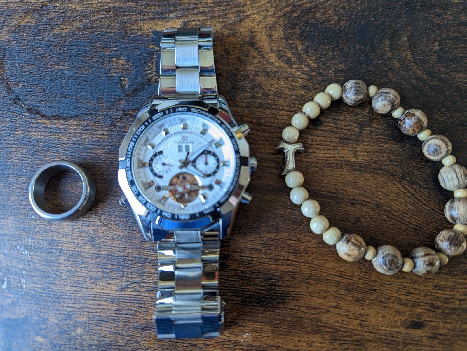 Jewelry and Accessories: Forsining Watch, Stainless Steel Ring, and Power Beads