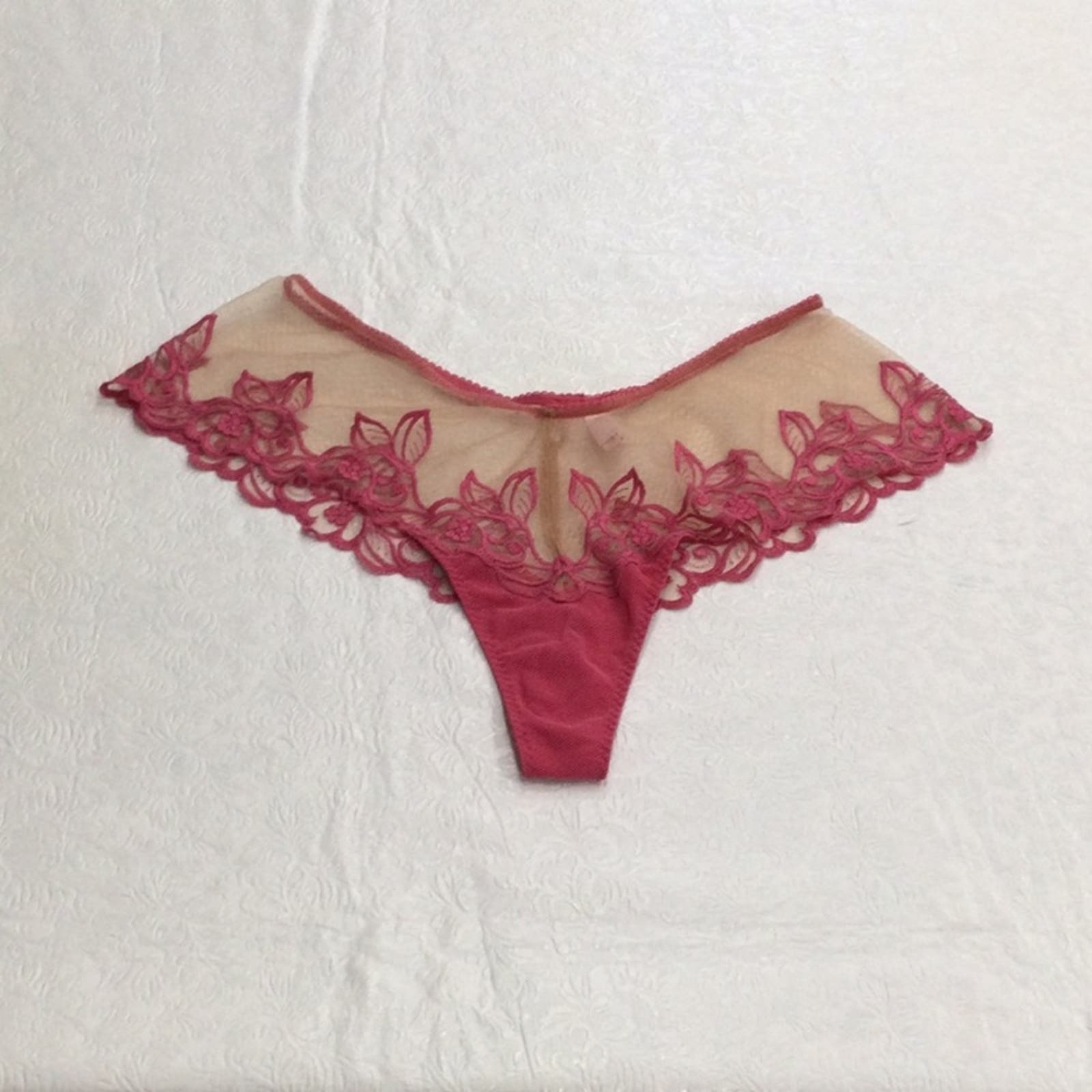 Victoria Secret Pink/Tan Embroidered Floral Pattern Accent Bow Thong XL …