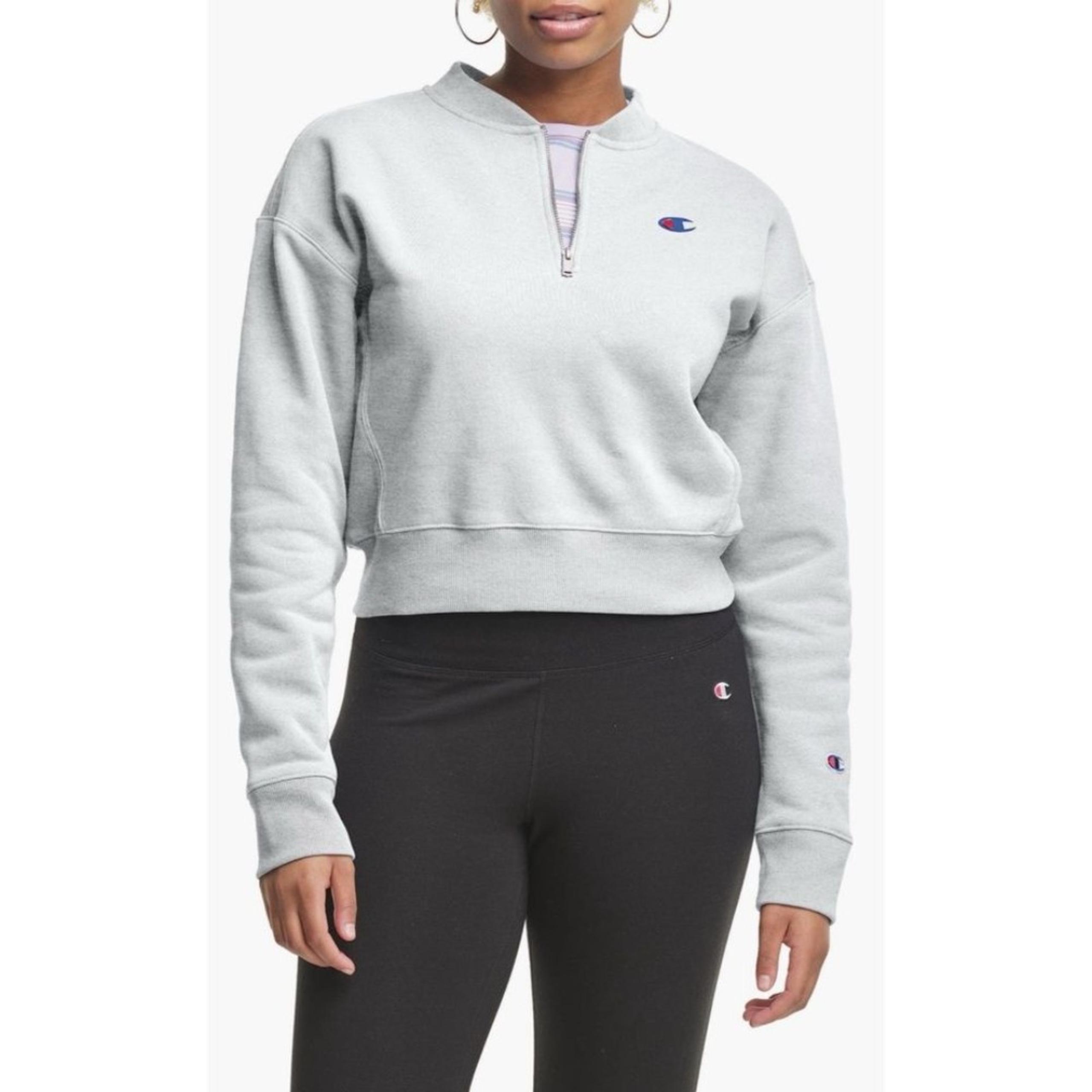Champion Light Gray Crop Reverse Weave Quarter Zip Sweatshirt Womens Size L