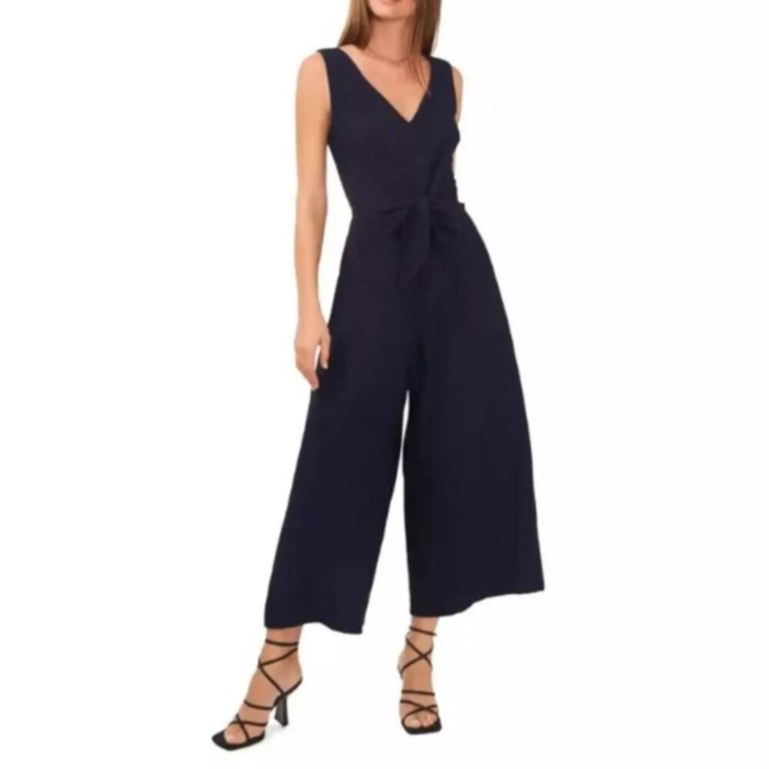 Vince Camuto Womens Island Oasis Tie Front Wide Leg Jumpsuit Classic Navy M NWT