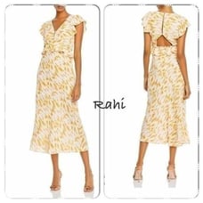 NEW RAHI ivory/yellow marble print ruffle midi dress L