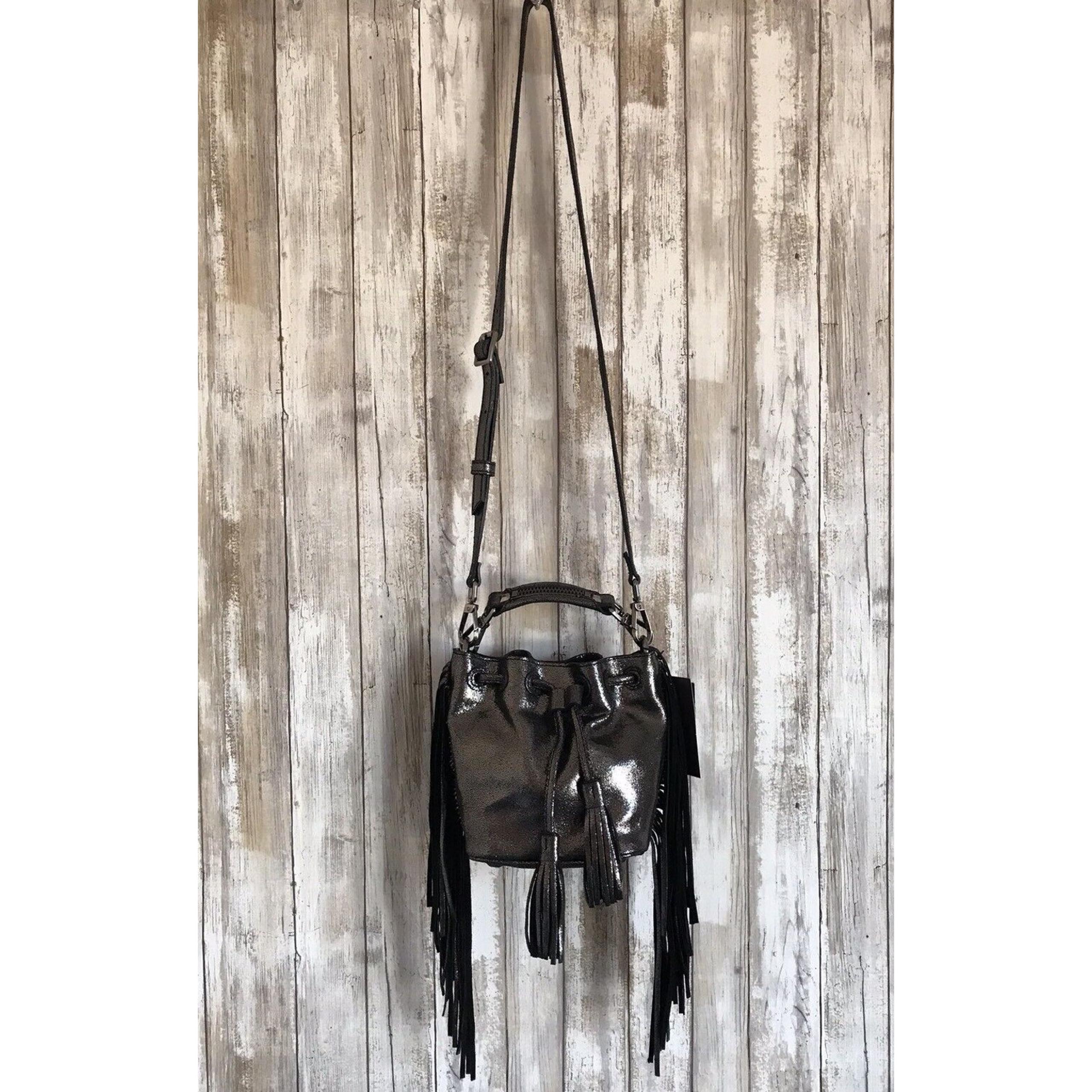 BRIAN ATWOOD Pippa Drawstring Small Metallic Gray Pewter Leather Bucket Bag NWT