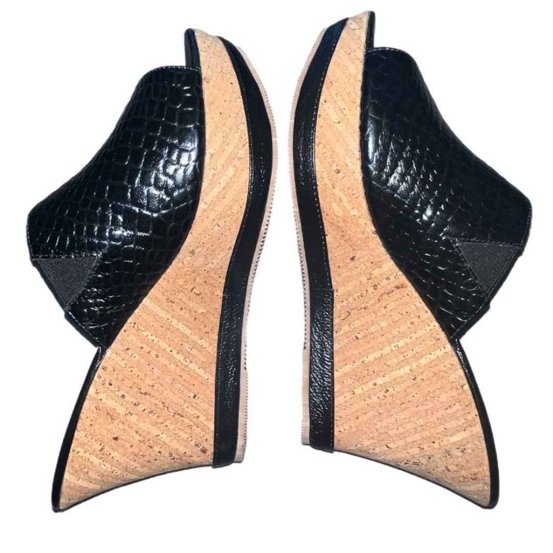 Jordana Black Leather Croc-Print Cork Wedge Slide Size 8