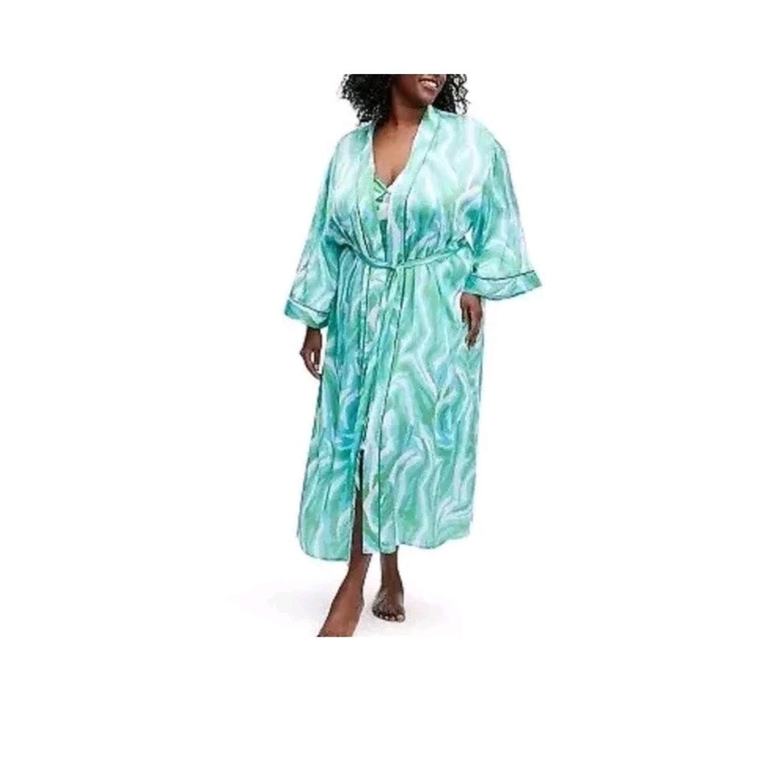 Diane von Furstenberg Green Zebra Long Satin Disco Front Tie Robe Womans Sz 2XL