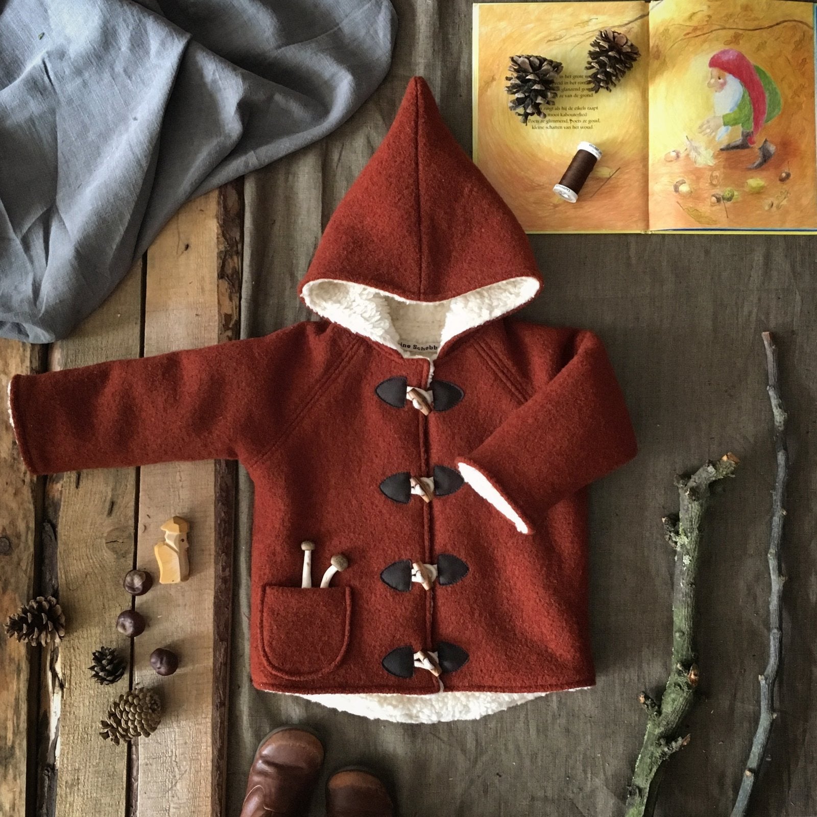 KLEINE SCHOBBEJAK Wool/Cotton Pixie Hooded Coat-Terracottafor 1-3Y