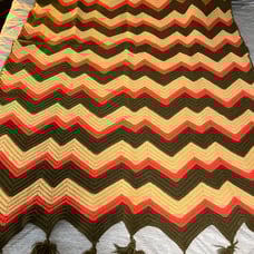 Vtg Retro 70’s Orange Tan Green Chevron Afghan Blanket W/Pom Poms 46”x76”
