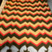Vtg Retro 70’s Orange Tan Green Chevron Afghan Blanket W/Pom Poms 46”x76”