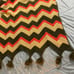 Vtg Retro 70’s Orange Tan Green Chevron Afghan Blanket W/Pom Poms 46”x76”