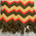 Vtg Retro 70’s Orange Tan Green Chevron Afghan Blanket W/Pom Poms 46”x76”