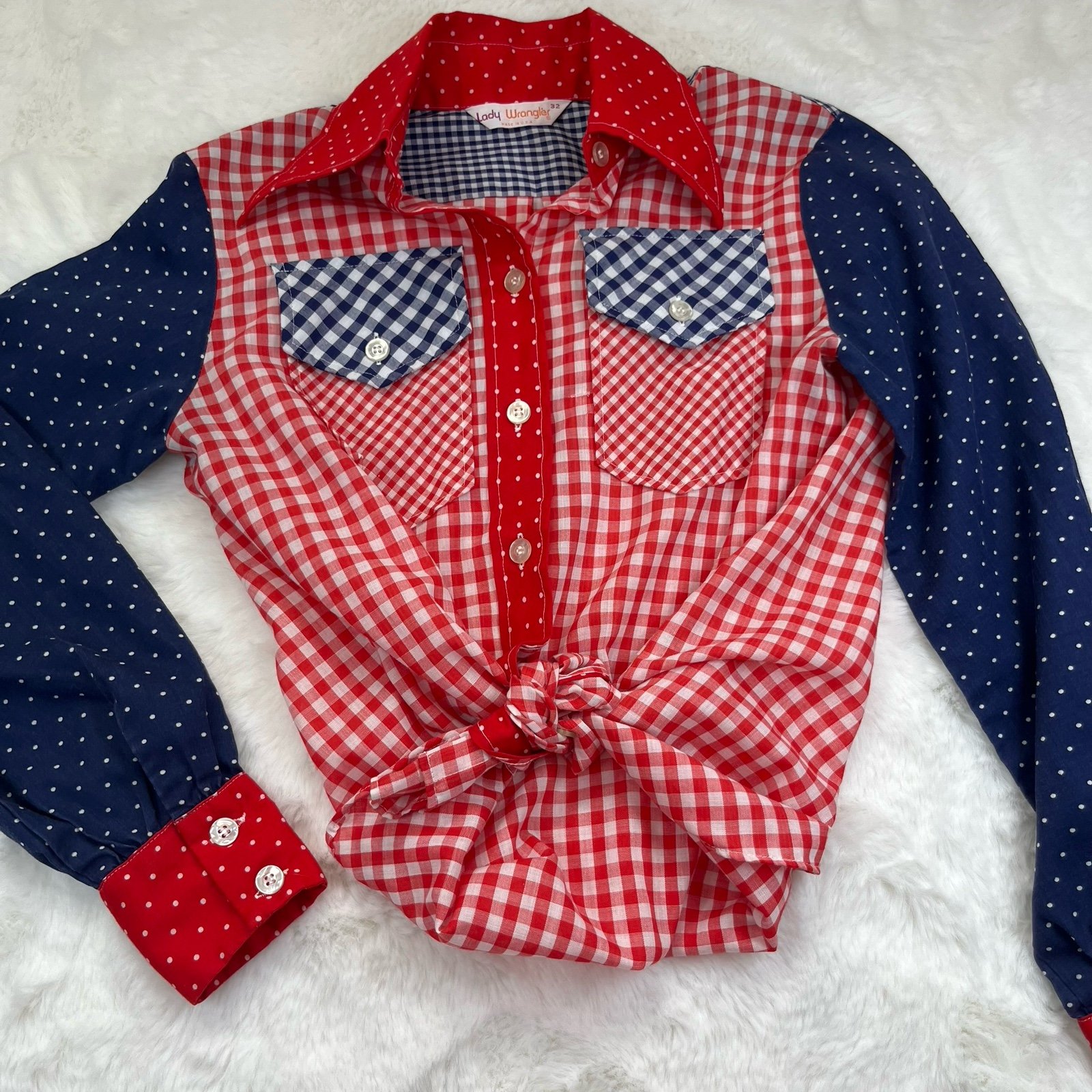1970’s Vintage Lady Wrangler Color Block Gingham Dot Western Style Button Up Med