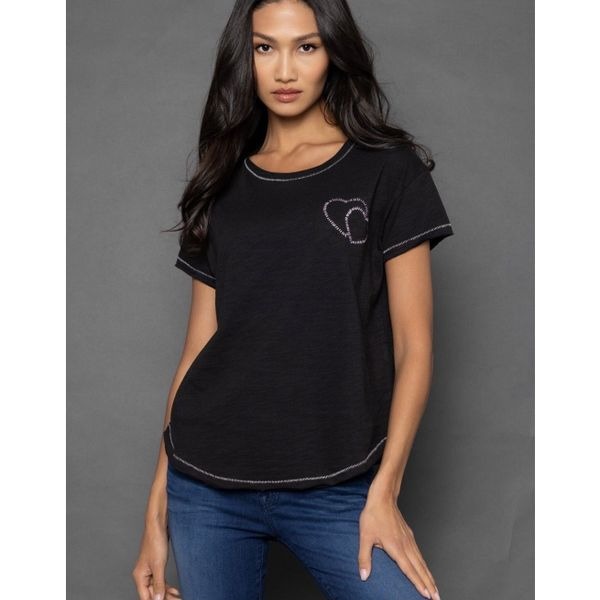LISA TODD Women’s Black with Embroidered Hearts Double Down” Short Sleeve Tee T-