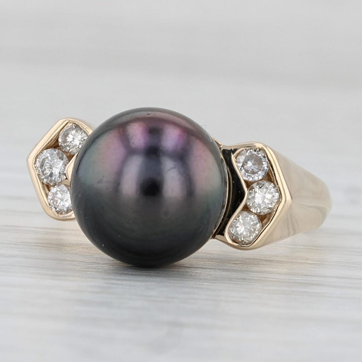 Black Cultured Pearl 0.27ctw Diamond Ring 14k Yellow Gold Size 9