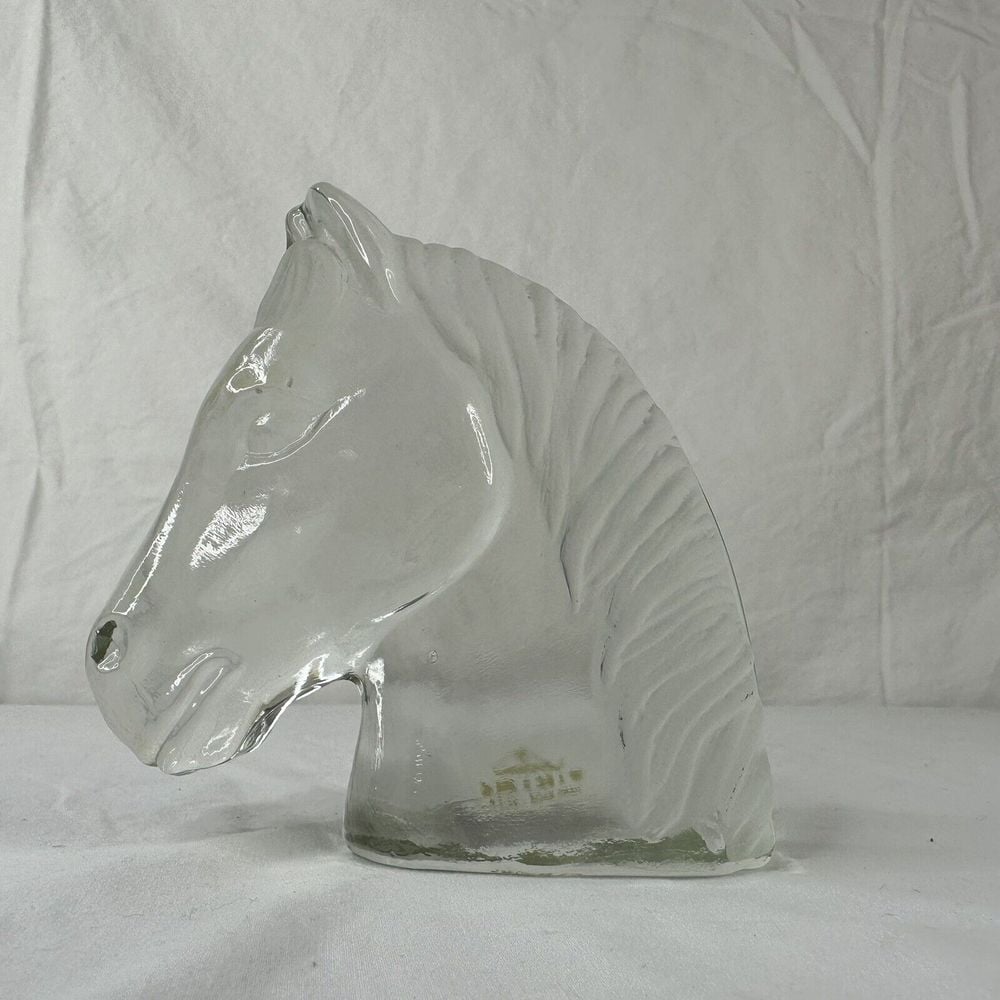 Handcrafted Art Glass Viking Frosted Clear Glass Horse Head Paperweight Figurine