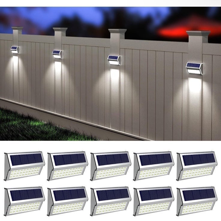 10 Pack 30 LED Fence Lights Outdoor Waterproof Post Solar Lamps