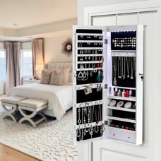 Lockable Door Wall Mounted Hanging Jewelry Cabinet Armoire Storage w/LED Light