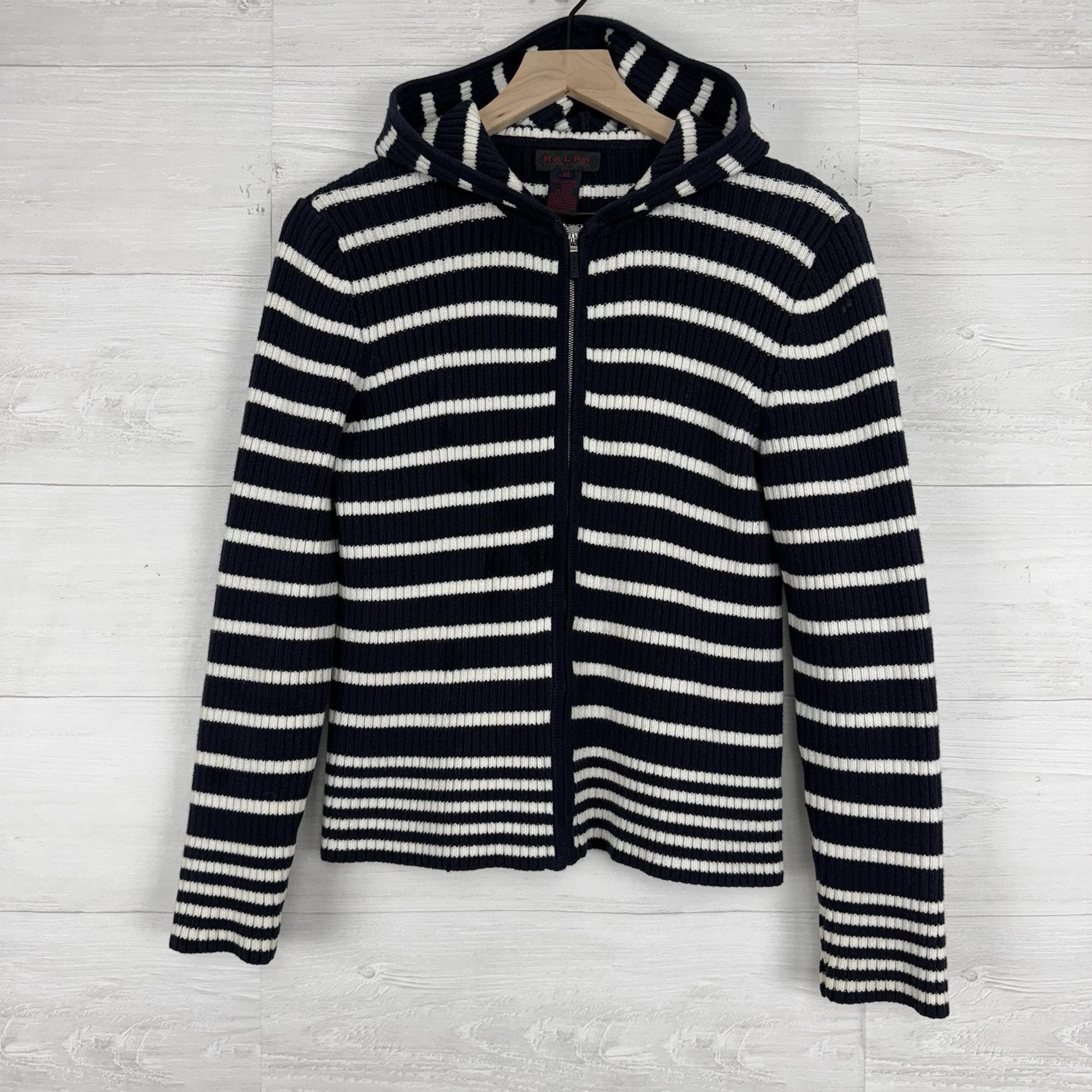 Ralph Lauren Women M Sweater Hoodie Striped Navy Zip Up Ribbed Knit Cardigan