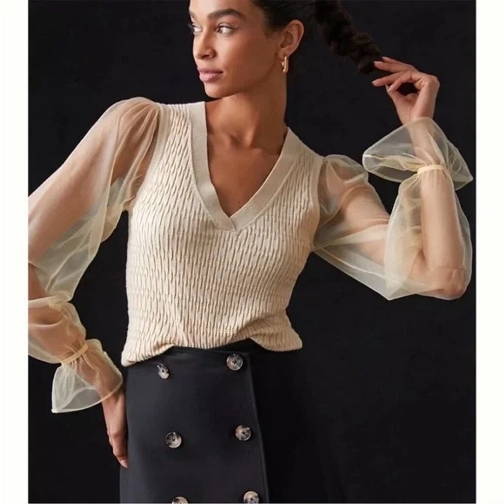 Maeve Anthropologie Sweater Ivory Sheer-Sleeve V-Neck Sweater Size Small