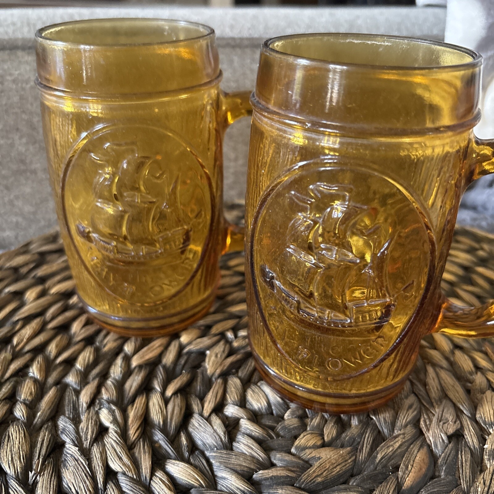 RARE Set Of 2Vintage Clipper Ship 1853 Amber Glass Beer Mugs Mint Condition 1620