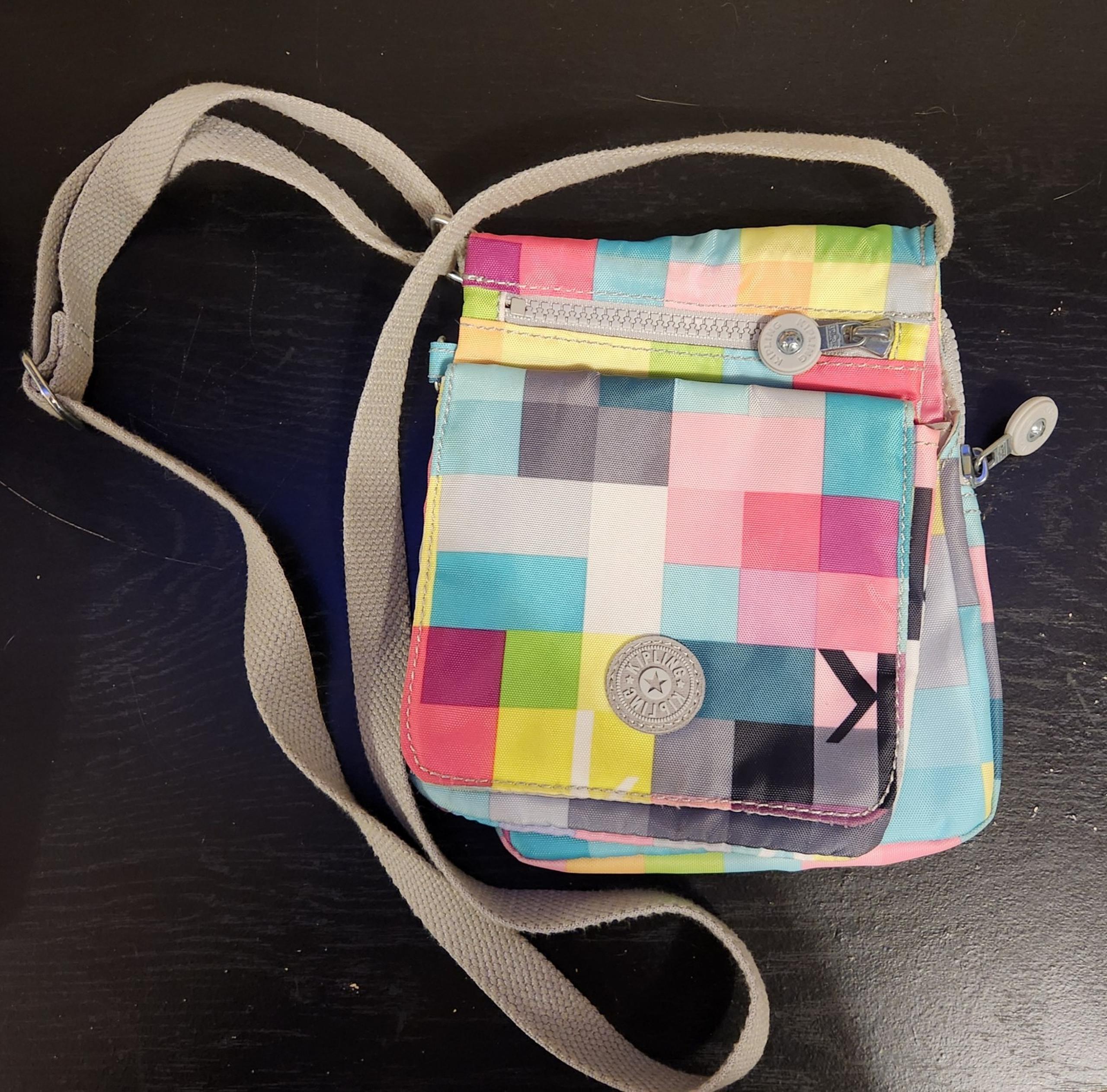 Grey & Pastel Checkered Kipling Crossbody Bag
