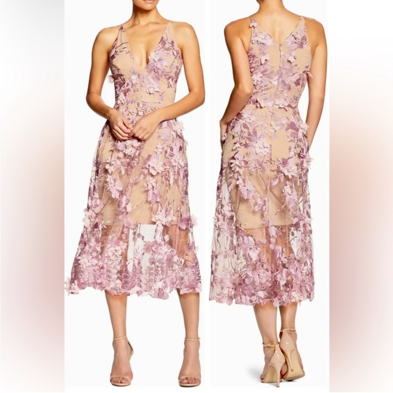 NWT Dress the Population Audrey 3D floral lace overlay dress in Lilac and Nude