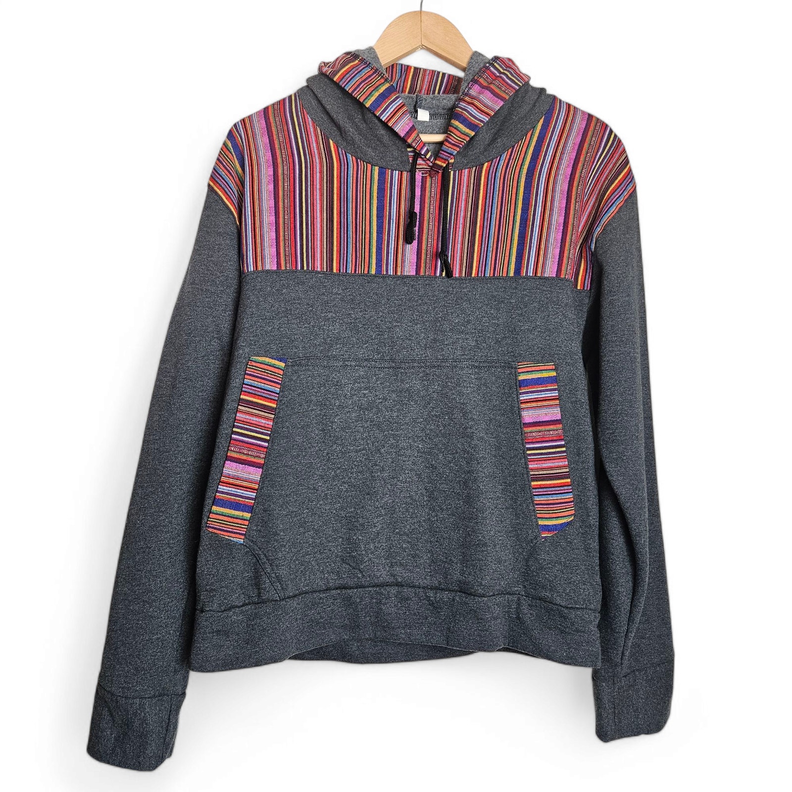 Guatemala Unisex Pullover Y2K Fleece Hoodie Pockets Rainbow Stripes Gray Sz L