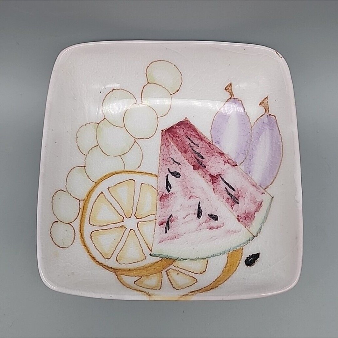 ERNESTINE SALERNO ITALY Hand Painted Fruit 6 Square Bowl Italian Marked 185.E