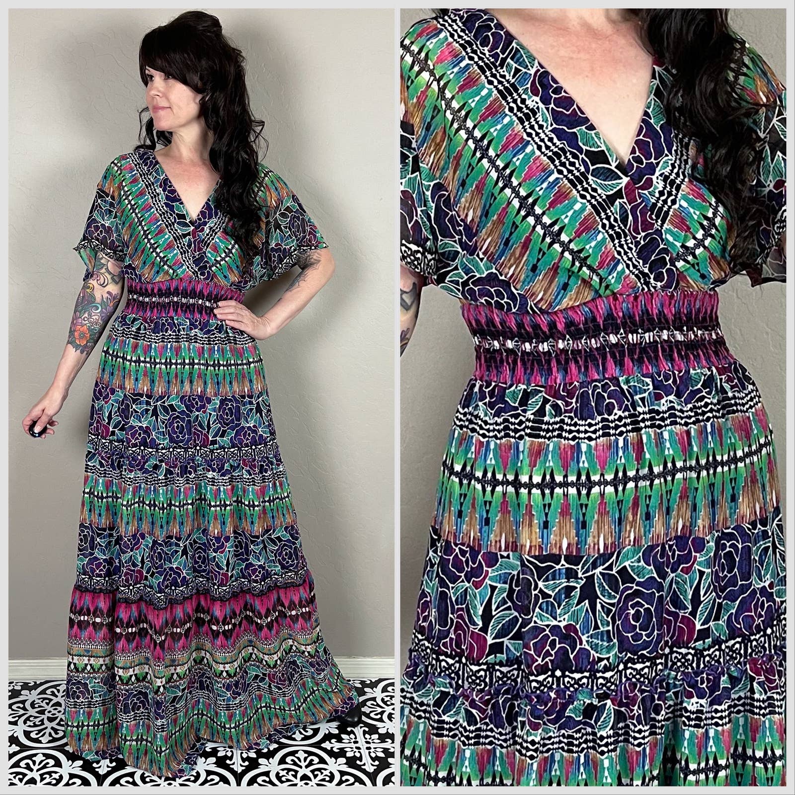 Vintage Y2K Flutter Sleeve Chiffon Floral Print Maxi Dress