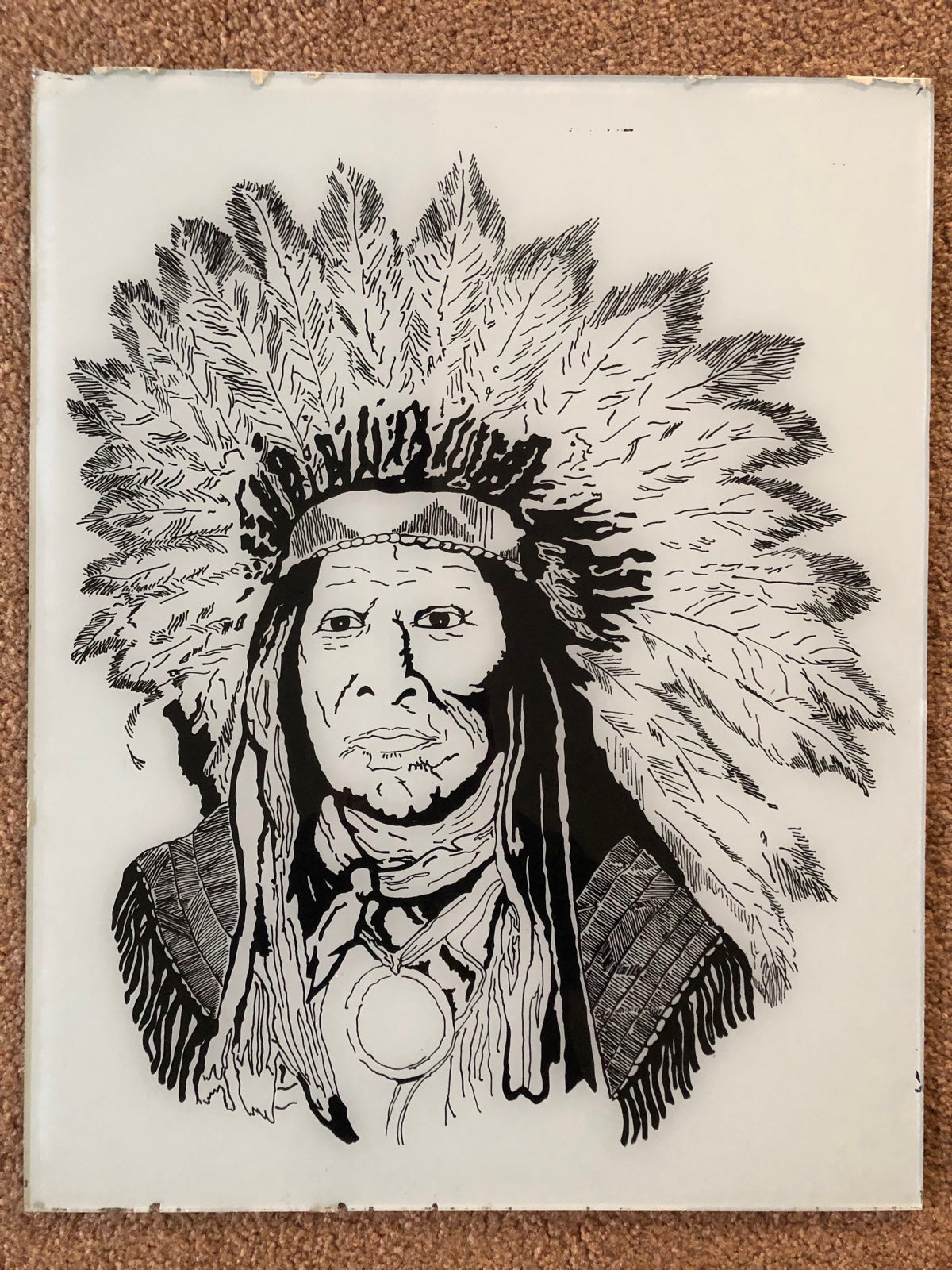 Vintage Painting on Glass Native American Indian Unknown Artist 20” x 16