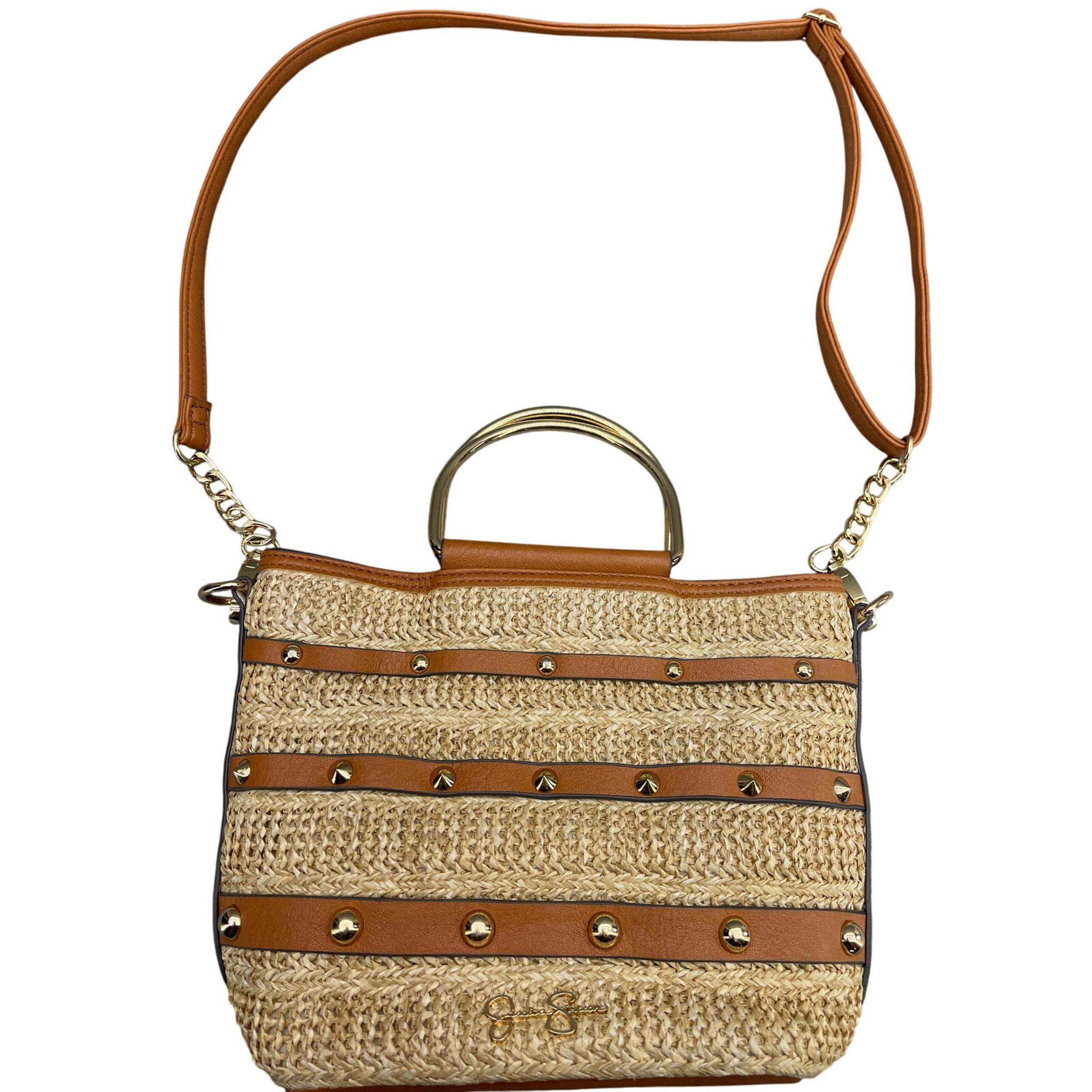 Jessica Simpson Tan Straw Brown Leather Summer Top Handle Crossbody Bag Purse
