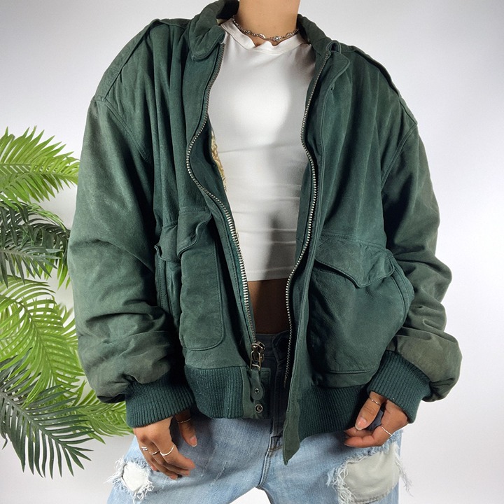 Vintage 90s Grunge G-III Green Leather Streetwear Indie Granola Bomber Jacket /L