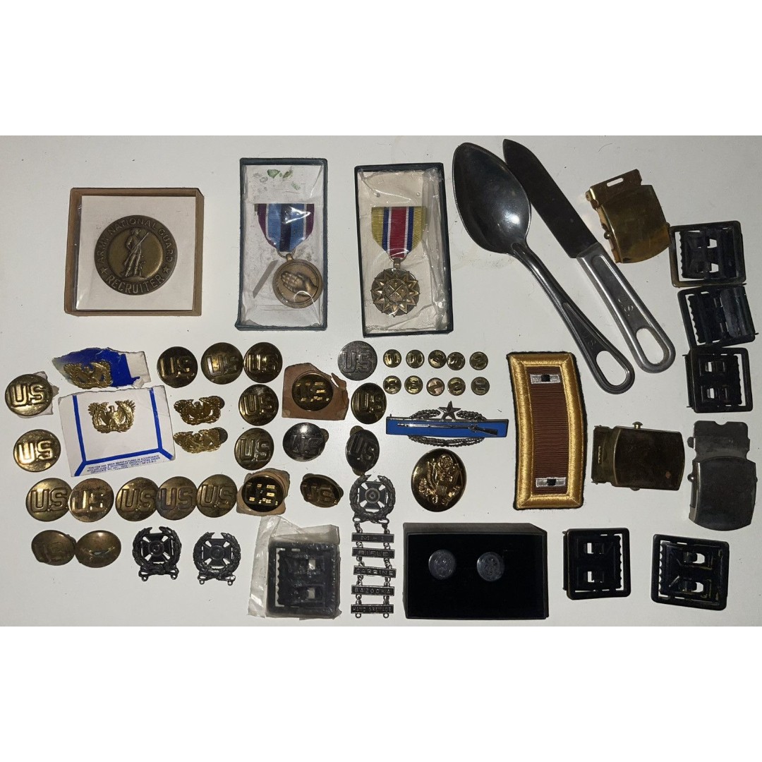 Vintage Lot Of Military Army Pins Metals Brass Belt Buckles And More!
