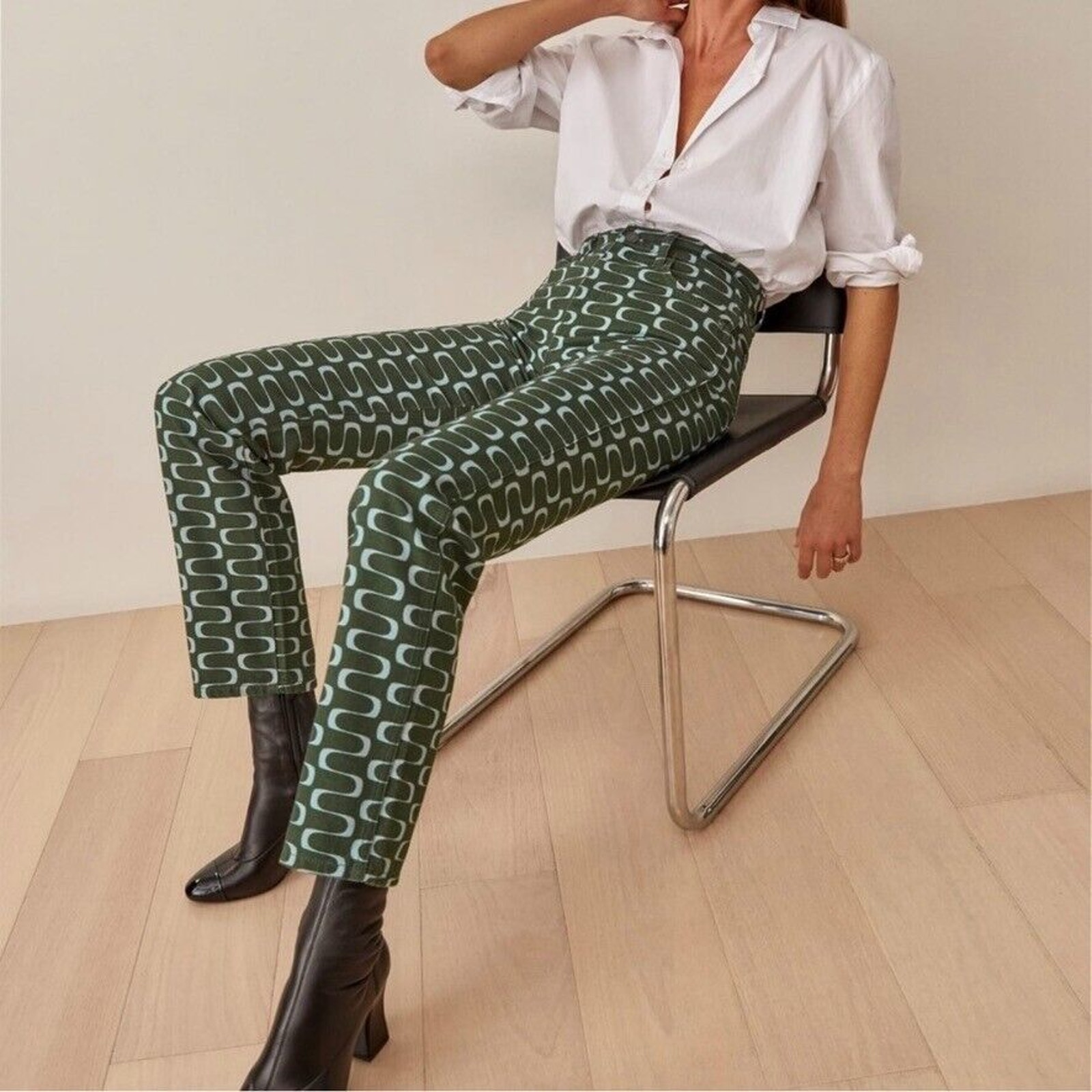 Reformation Mod High Rise Straight Jeans Size 24 Green Geometric Cotton Modern