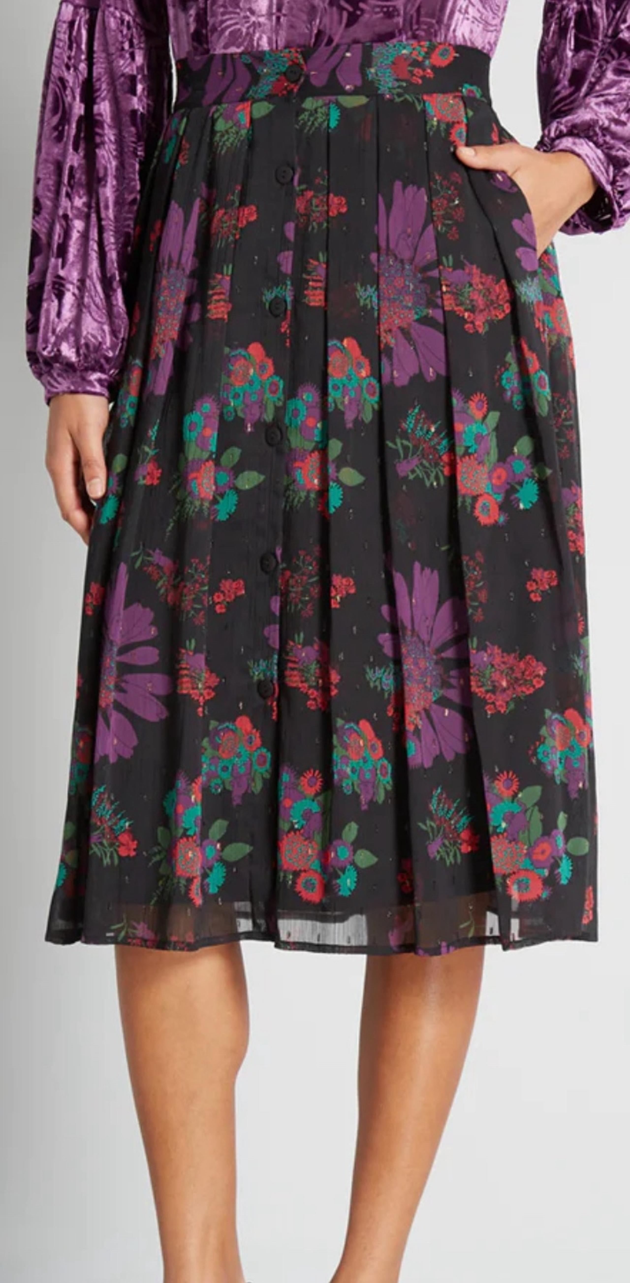 NWT ModCloth Meow Bouquet Pleated Swing Skirt Size 0