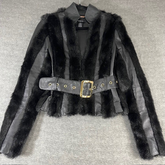 Y2K Vintage Arden B 100% Leather Faux Fur Short Jacket Belted Black Medium NWOT