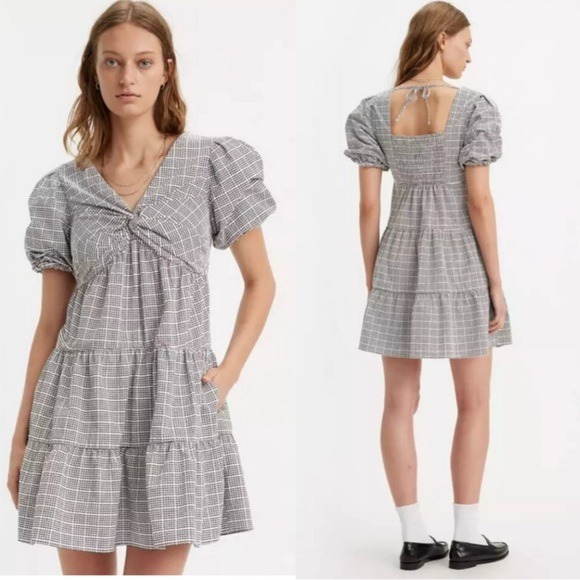 NWT LEVI'S Volume Sleeveless Dress In Katherine Seersucker Plaid Cloud Dancer