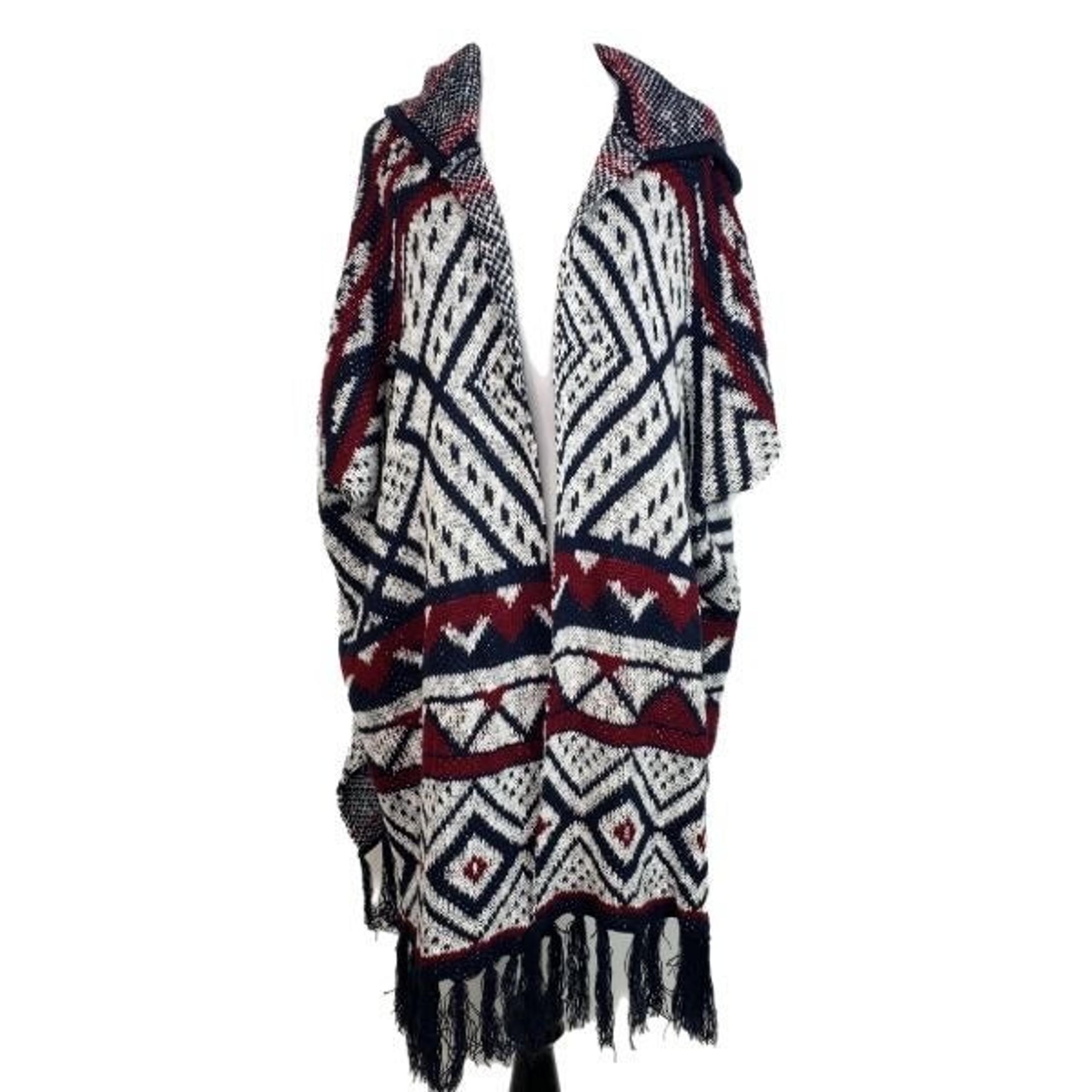 Elodie Oversize Open Cardigan Fringe Hooded Drape Geometric Sweater Womens Small