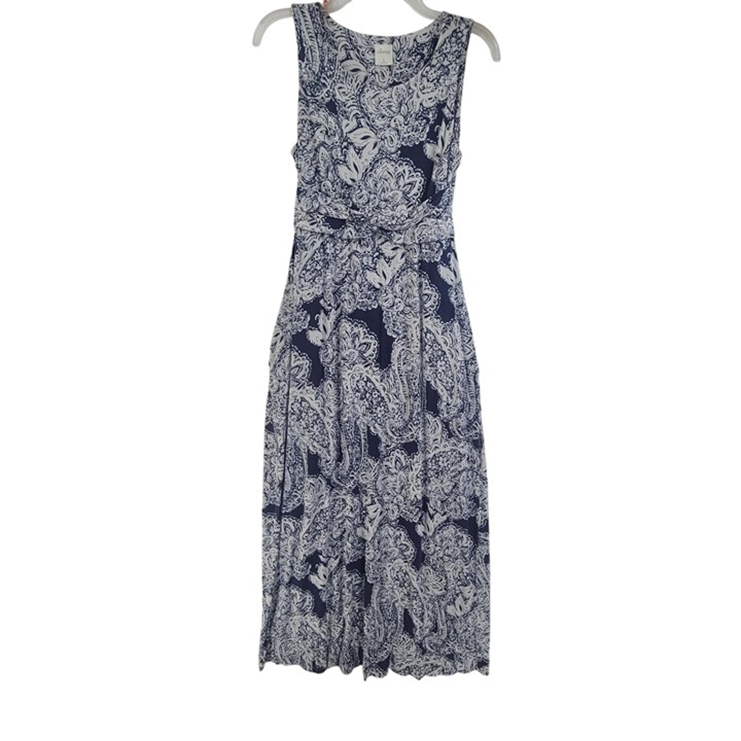 Soma Women's Sleeveless Midi Dress Blue White Paisly Jersey KNIT Size S