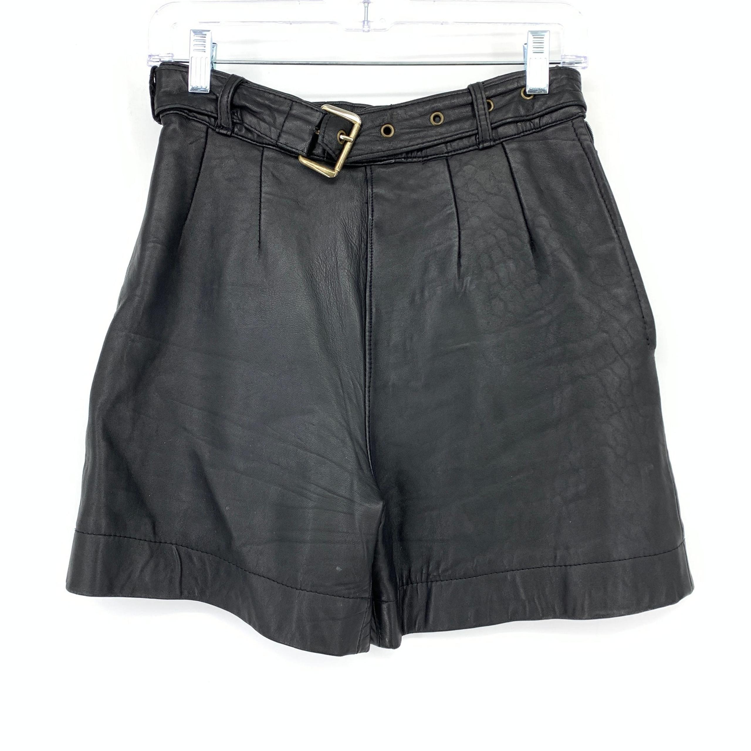 Vintage Leather High Waisted Belted Shorts Womens Size 27" Pleated Front Black