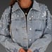 NWT Cropped Denim Jacket w/ Pearl Beading & Ripped Star Embroidery Sz Large